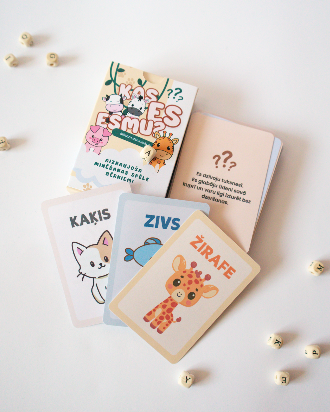 Set of children's flashcards with animal illustrations and text on a light background