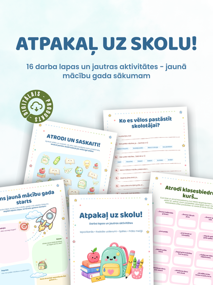 Digitālais fails - Atpakaļ uz skolu - 16 darba lapas un aktivitātes bērniem